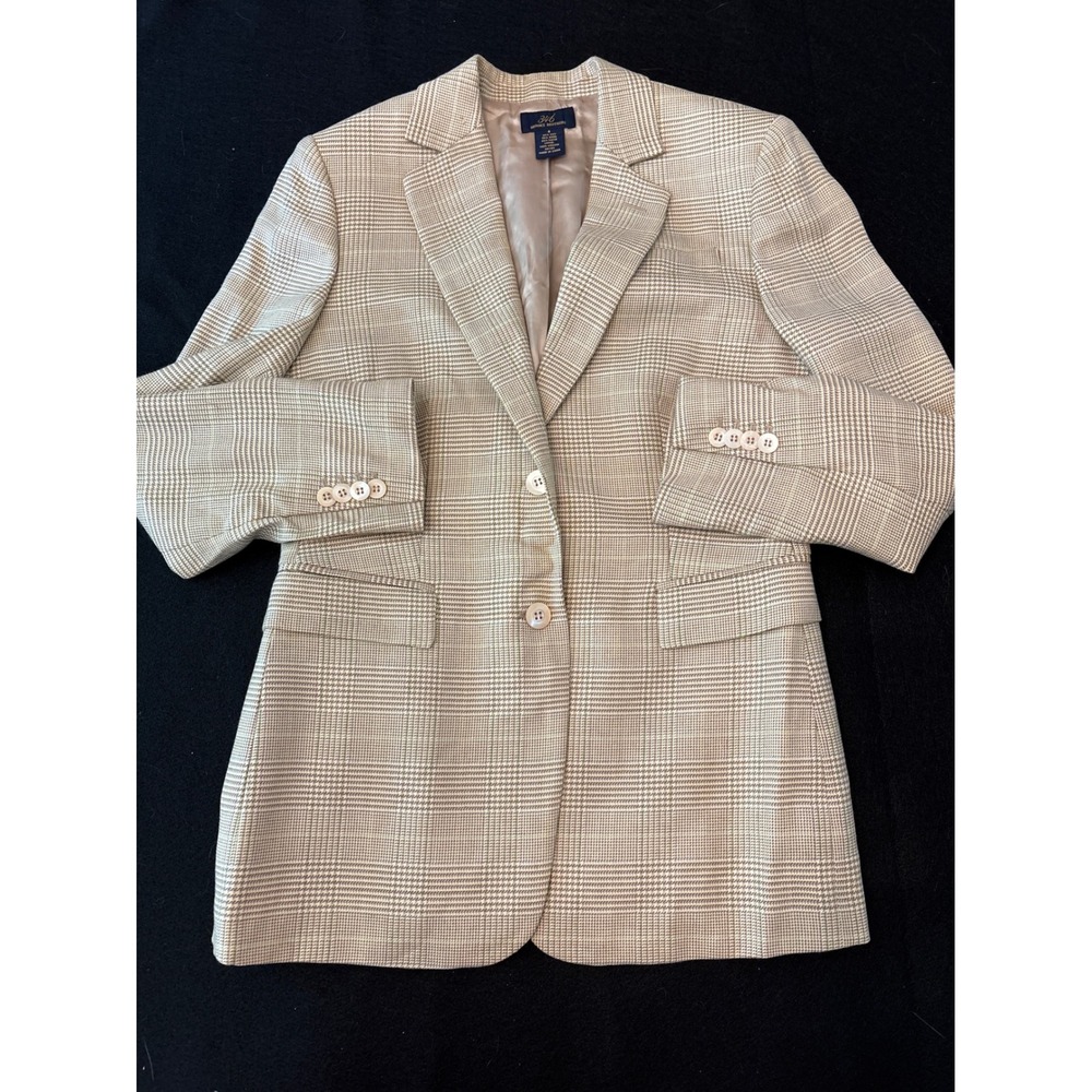 Brooks Brothers Blazer Womens 6 Tan Plaid Excellent Silk Wool Ramie 346 Jacket